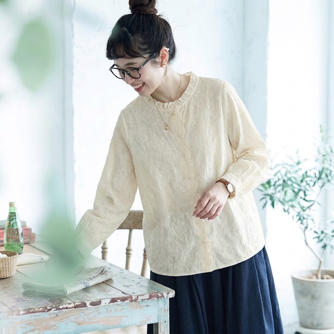 季節の変わり目【コットン】M-2XL  気分転換 刺繍 花模様 柔らかい 長袖 ナチュラル シャツ M ベージュ