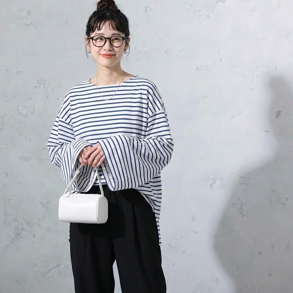 ML 新登場 ボーダー/無地 ラウンドネック 長袖 Tシャツ L 白青ストライプ