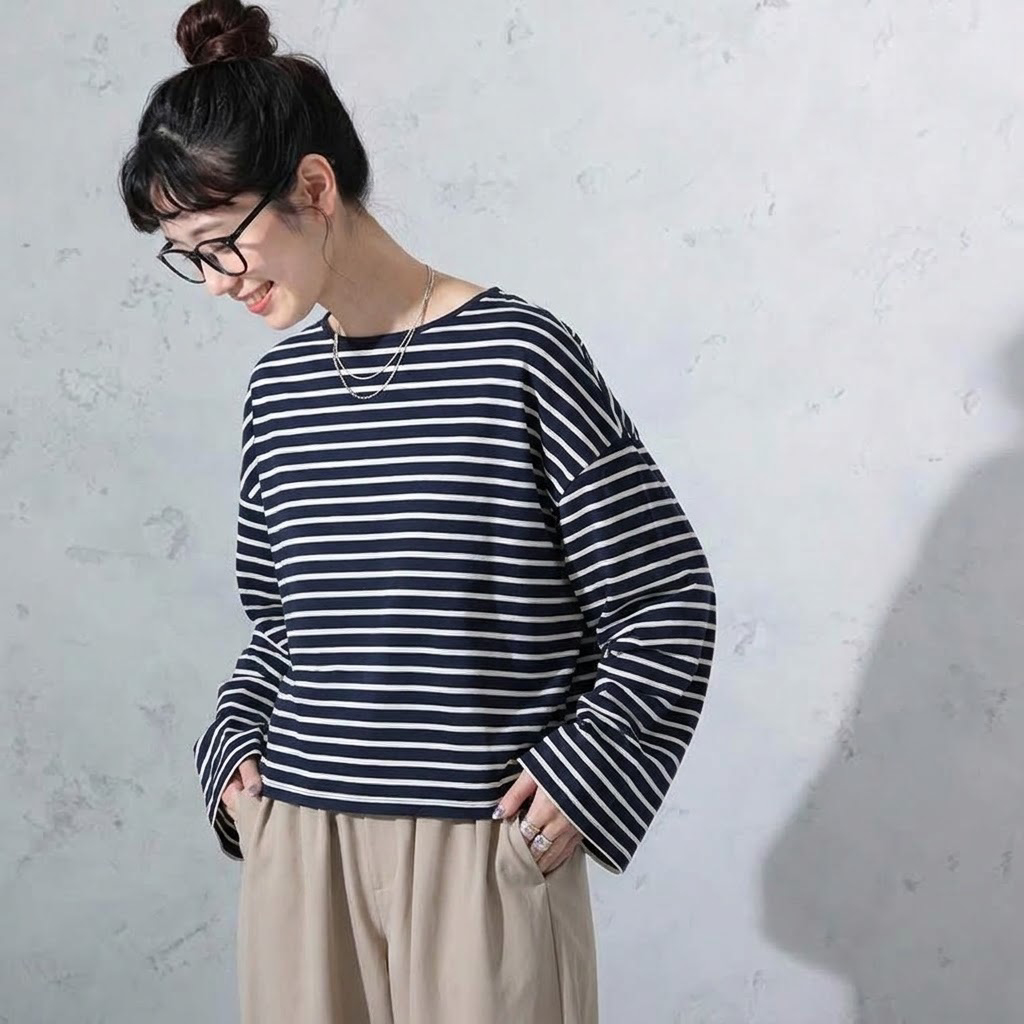 ML 新登場 ボーダー/無地 ラウンドネック 長袖 Tシャツ L 黒白ストライプ