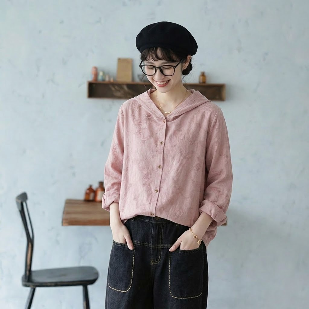 M-2XL 女性に大人気 綿麻 耐久性 シンプル フード付き 無地 プリント シャツ 2XL ピンク