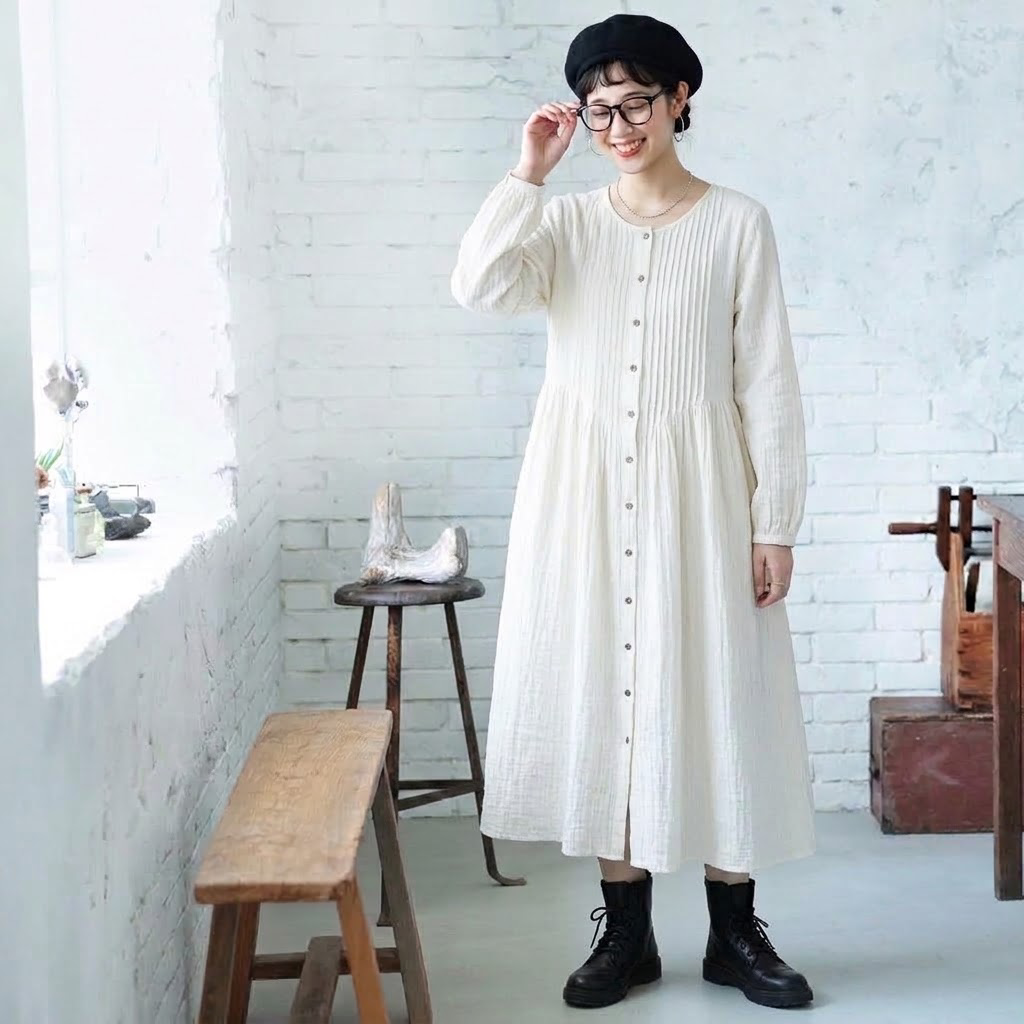 S-2XL 超快適 無地 シンプル プリーツ 長袖ワンピース 2XL アプリコット