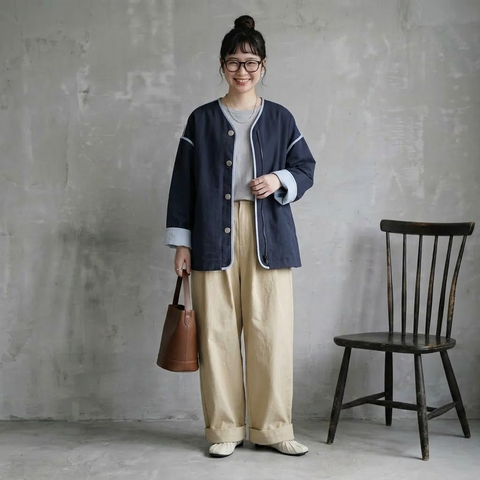 M-4XL 人気を獲得♡ 落ち肩スリーブ 長袖 無地 配色 ジャケット M ネイビー
