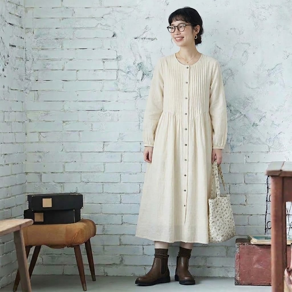 S-2XL 超快適 無地 シンプル プリーツ 長袖ワンピース S アプリコット