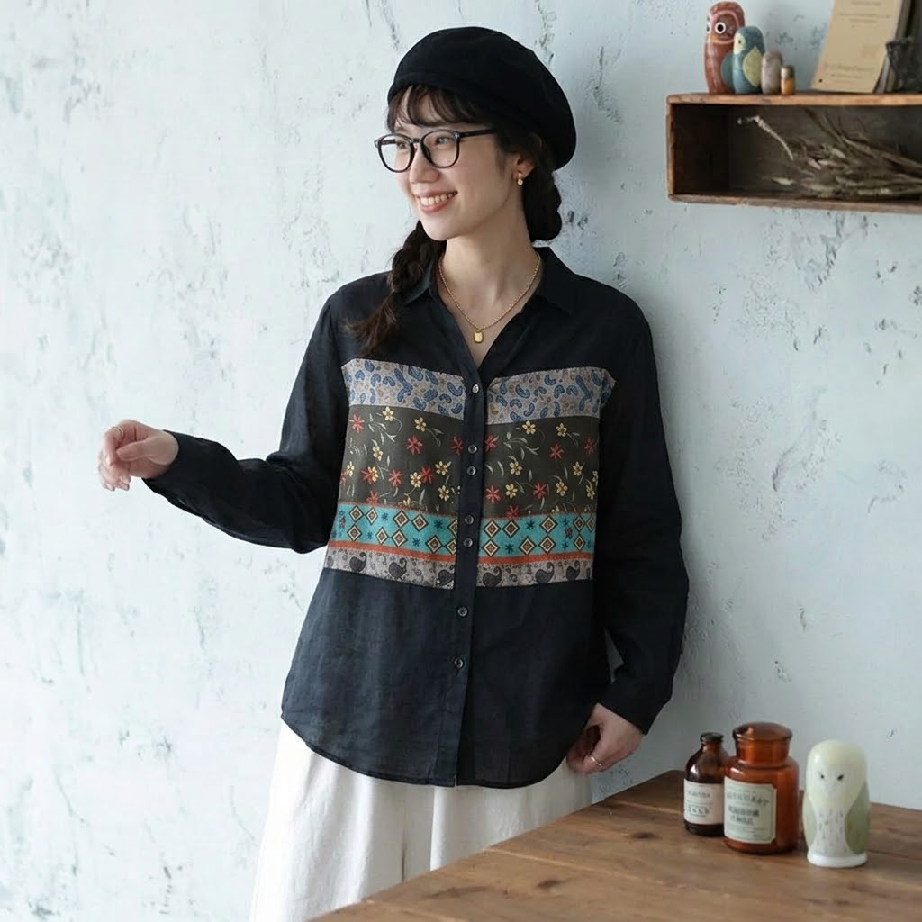 L-5XL 人気を獲得♡ 長袖 花柄 配色 プリント シャツ L 写真通り01