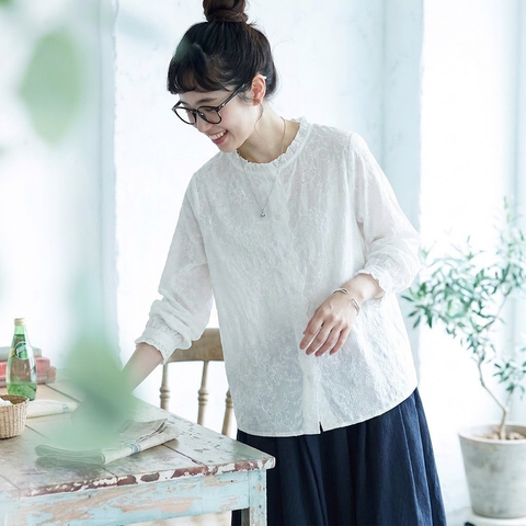 季節の変わり目【コットン】M-2XL  気分転換 刺繍 花模様 柔らかい 長袖 ナチュラル シャツ M ベージュ