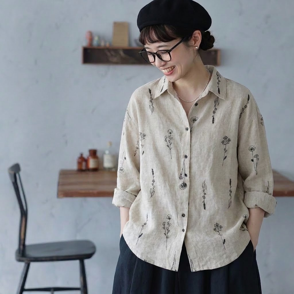 M-2XL 大人可愛い 花模様 刺繍 植物 長袖 シャツ袖  シャツ M 写真通り
