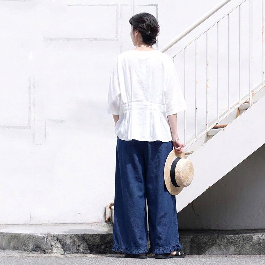 M-4XL 通気性良い フリル 無地 アンクル丈（9分丈） シンプル ガウチョパンツ 4XL ネイビー