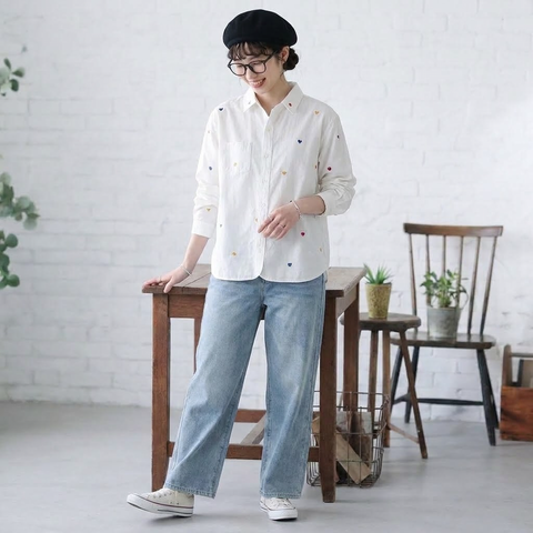 F 主役級 ボタン ハート柄  刺繍 長袖  シャツ フリー 写真通り