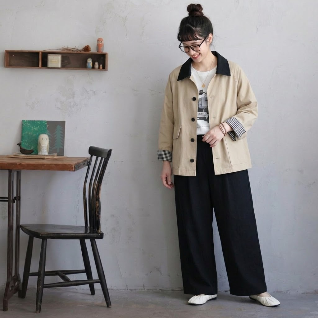 S-XL 存在感抜群 無地 切り替え 配色 長袖 カジュアル トレンチコート S ライトカーキ