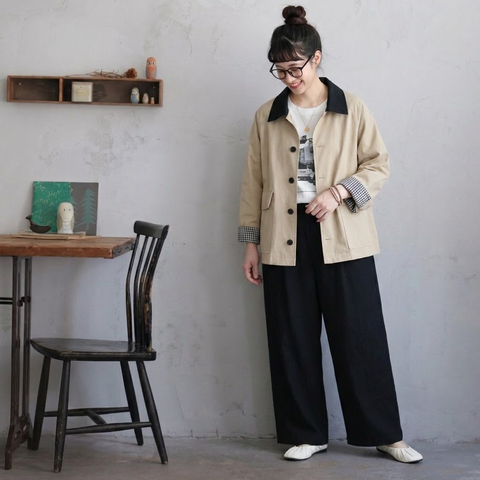 S-XL 存在感抜群 無地 切り替え 配色 長袖 カジュアル トレンチコート S ライトカーキ