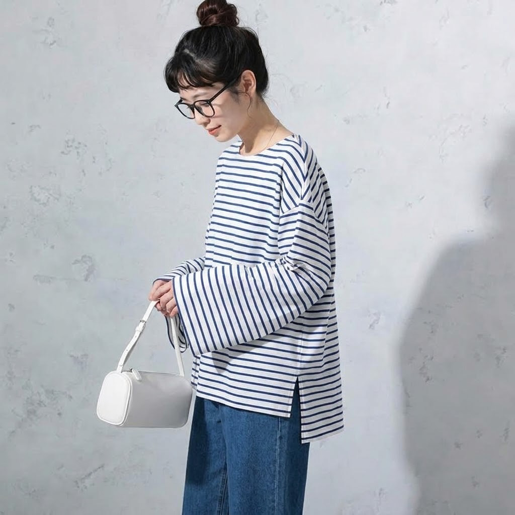ML 新登場 ボーダー/無地 ラウンドネック 長袖 Tシャツ M グリーン