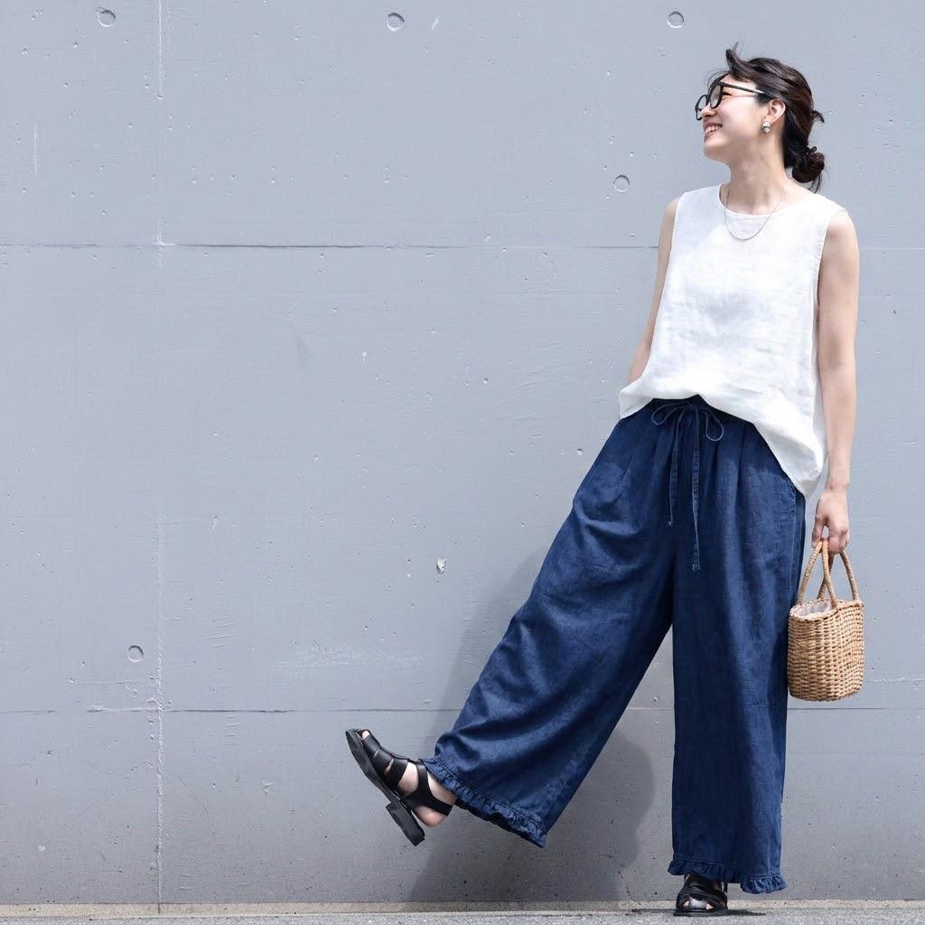 M-4XL 通気性良い フリル 無地 アンクル丈（9分丈） シンプル ガウチョパンツ M ネイビー