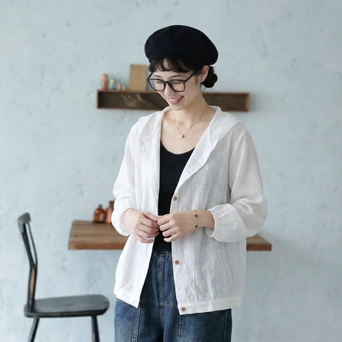 M-2XL 女性に大人気 綿麻 耐久性 シンプル フード付き 無地 プリント シャツ M ホワイト