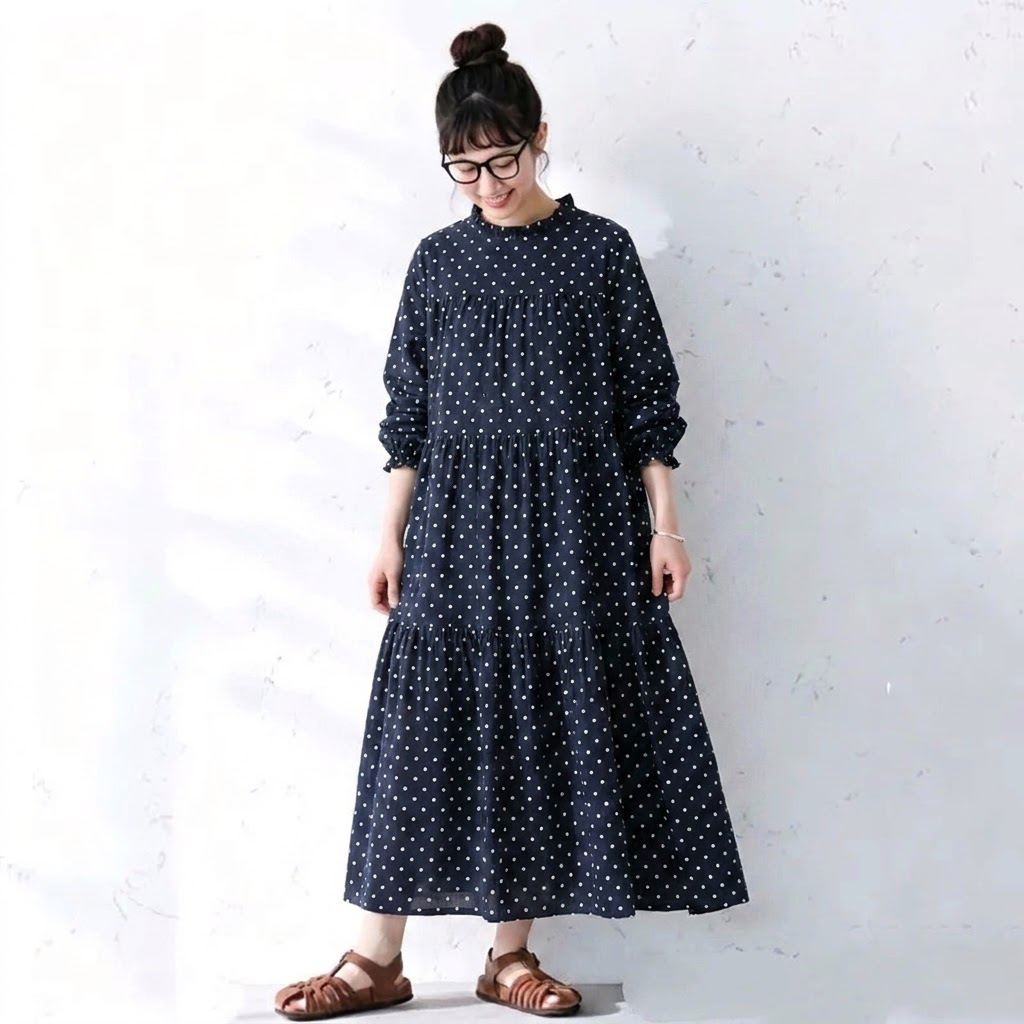 【ナチュラル】M-2XL ドット柄 柔らかい フェミニン 長袖 カジュアルワンピース M オレンジ