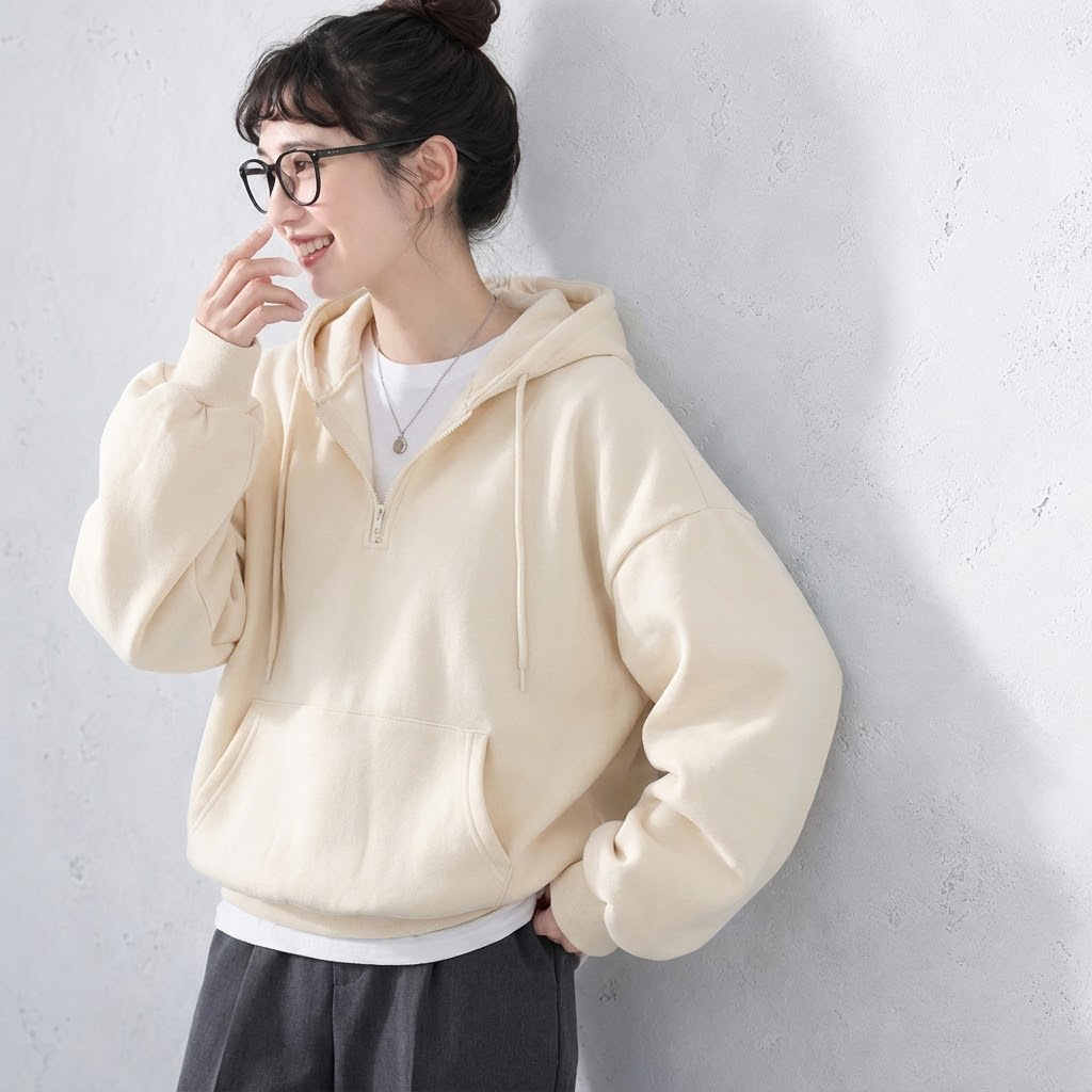 S-3XL 絶対欲しい 柔らかい 上品見え ファスナー フード付き パーカー/ジャージ 3XL アイボリー/ 薄い