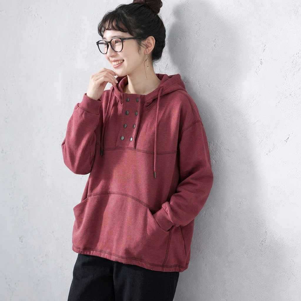 L-4XL 気質アップ 無地 ボタン 長袖 パーカー/ジャージ 4XL ダークレッド