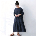 【ナチュラル】M-2XL ドット柄 柔らかい フェミニン 長袖 カジュアルワンピース 2XL ネイビー