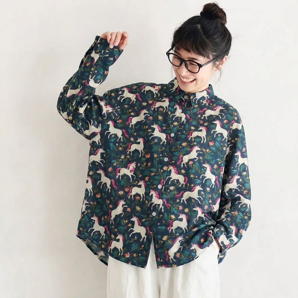 L-XL ほのかな柄が可愛いポニープリントブラウス L ダークグリーン