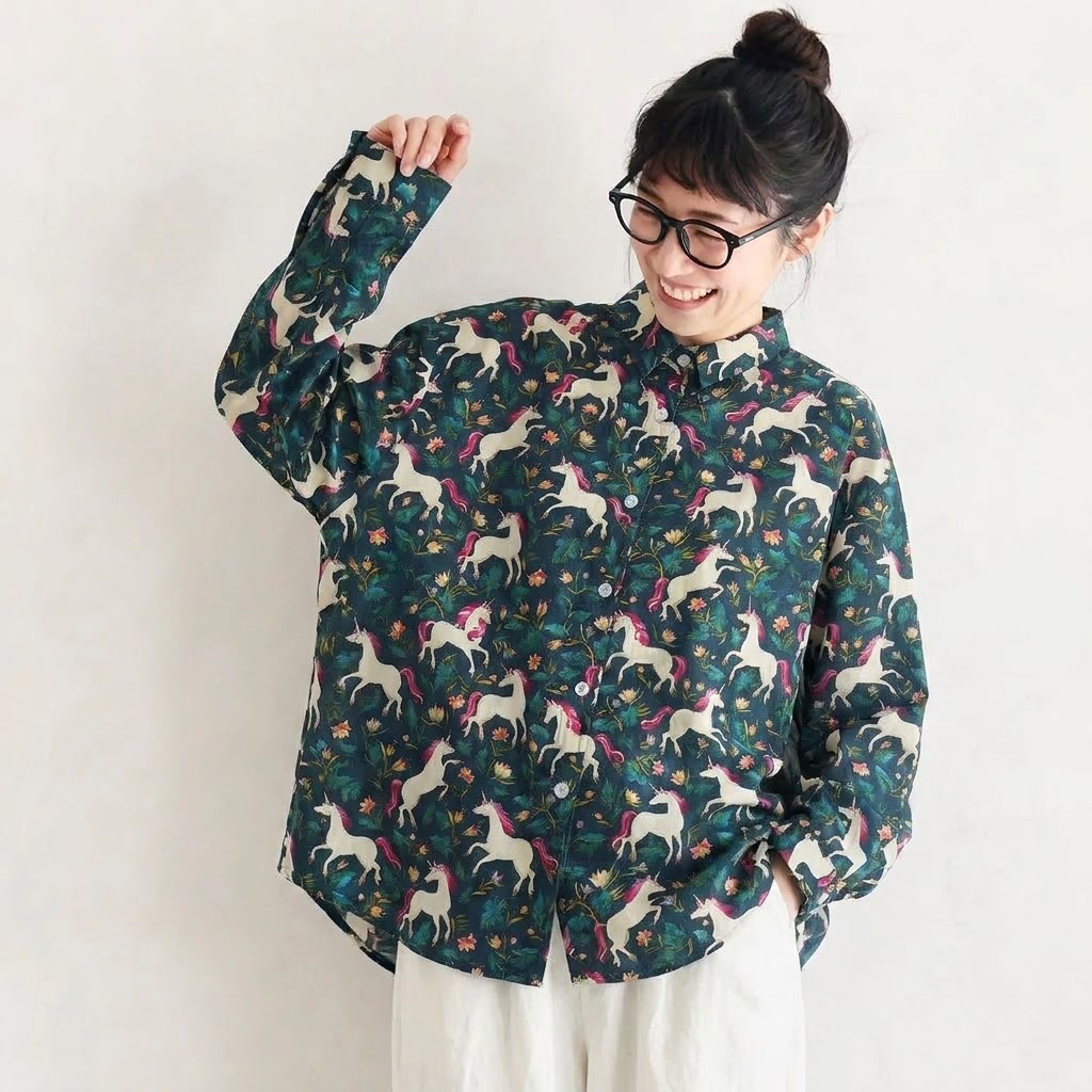 L-XL ほのかな柄が可愛いポニープリントブラウス XL ダークグリーン