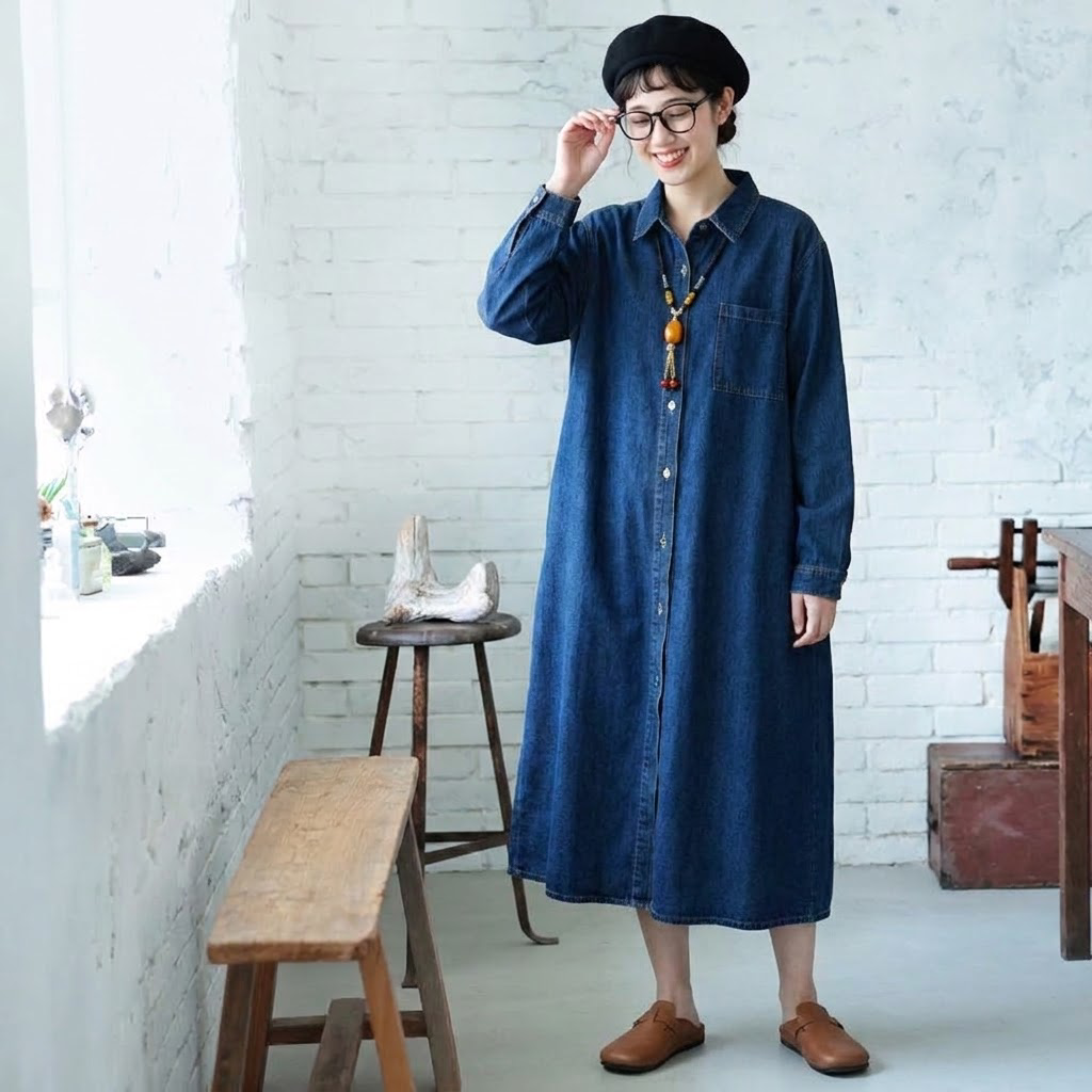 M-2XL 着回し ルーズシルエット デニム シャツワンピース M ライトブルー