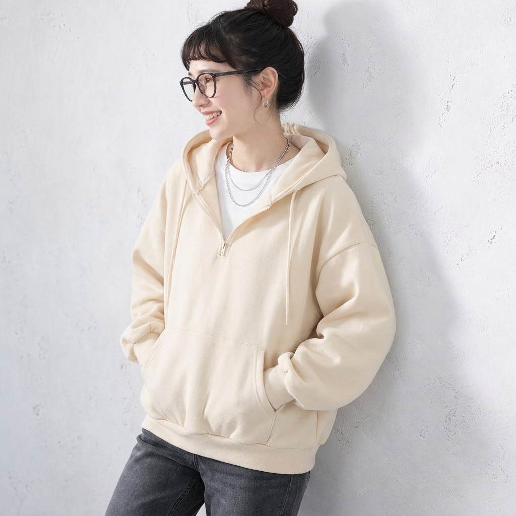 S-3XL 絶対欲しい 柔らかい 上品見え ファスナー フード付き パーカー/ジャージ 3XL アイボリー/裏起毛