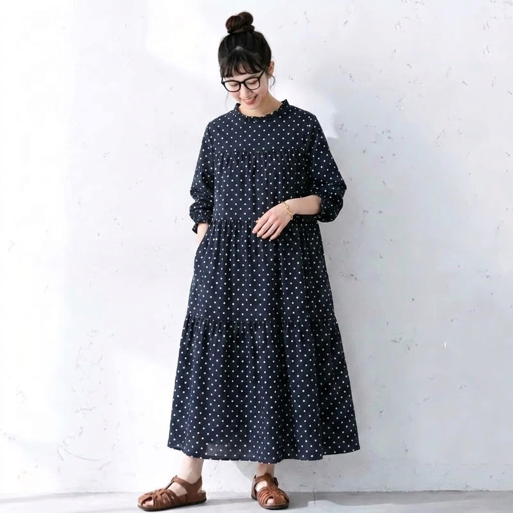 【ナチュラル】M-2XL ドット柄 柔らかい フェミニン 長袖 カジュアルワンピース M オレンジ