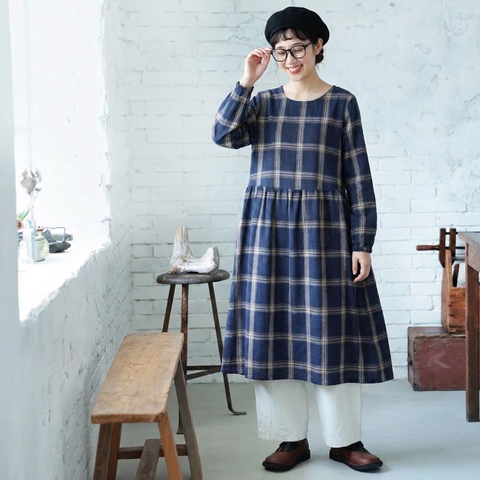 M-2XL コットン 秋のはじまりは チェックの柄から 長袖ワンピース M 写真通り