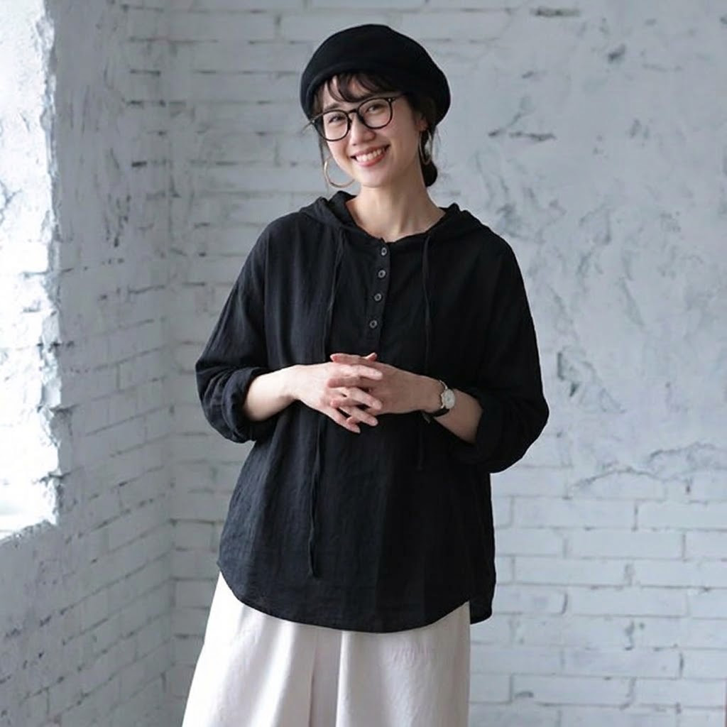 L-XL 体型カバー きれいめ 晩夏から秋向け 長袖 フード付き T シャツ L ホワイト