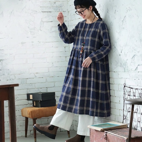 M-2XL コットン 秋のはじまりは チェックの柄から 長袖ワンピース 2XL 写真通り