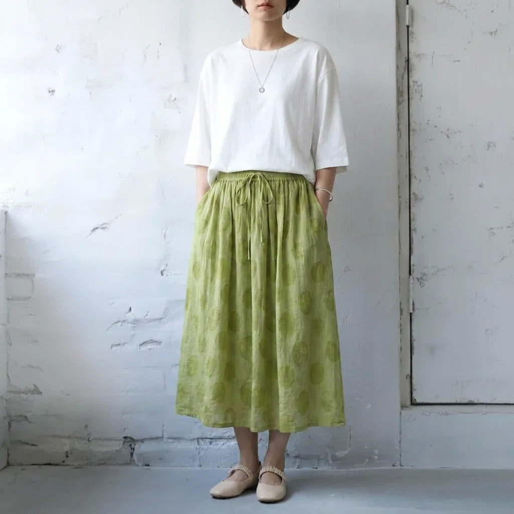 【コットン】M-2XL ドット柄 接触冷感 通気性良い スカート 2XL グリーン