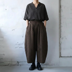 L-2XL ストライプ柄 体型カバー 長く着られる ワイドパンツ 2XL コーヒー