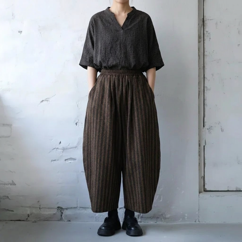 L-2XL ストライプ柄 体型カバー 長く着られる ワイドパンツ 2XL コーヒー