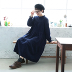 L-2XL コーデュロイ ウエストリボン Ａライン 秋色 ロング丈 ワンピース L ネイビー