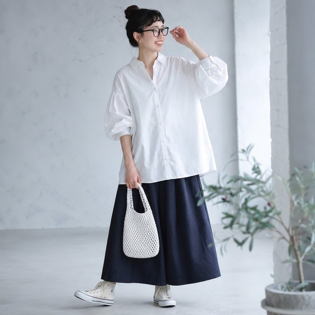 M-L 甘すぎない ふんわり袖の大人シャツ L ホワイト