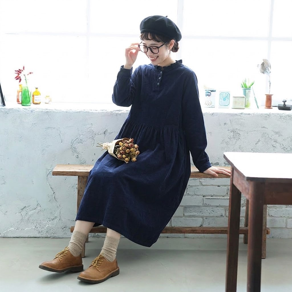 L-2XL コーデュロイ ウエストリボン Ａライン 秋色 ロング丈 ワンピース 2XL ネイビー