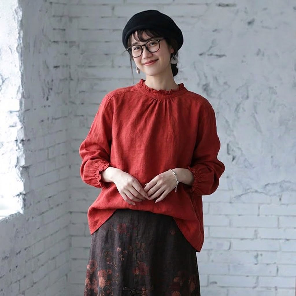 S-2XL No.1 人気商品 美人度アップ 長袖  無地 レトロ シャツ S レッド
