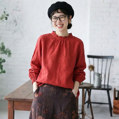 S-2XL No.1 人気商品 美人度アップ 長袖  無地 レトロ シャツ S レッド