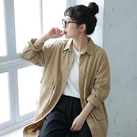 M-XL 落ち着いたカラー ワークデザイン ミディ丈 体型カバー シャツコート M ブラック