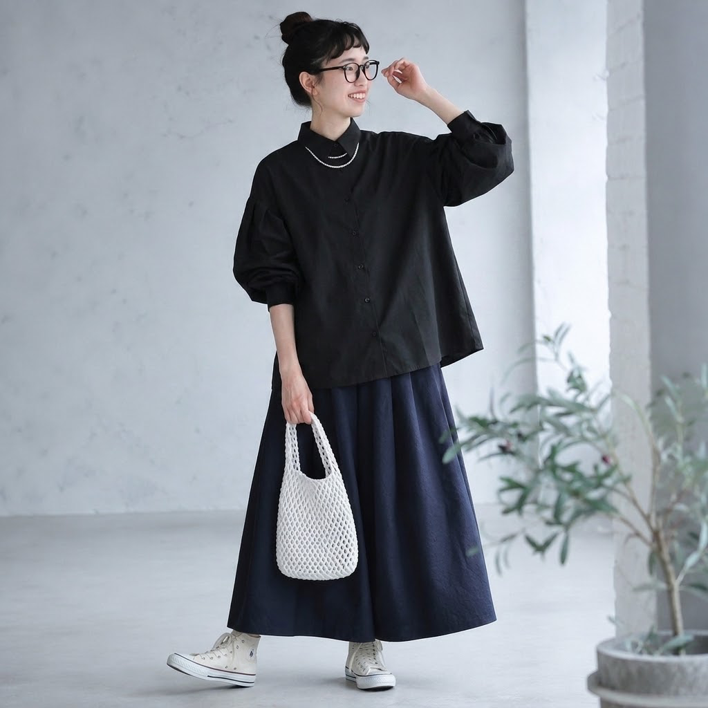M-L 甘すぎない ふんわり袖の大人シャツ L ブラック