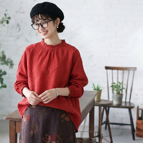 S-2XL No.1 人気商品 美人度アップ 長袖  無地 レトロ シャツ 2XL レッド