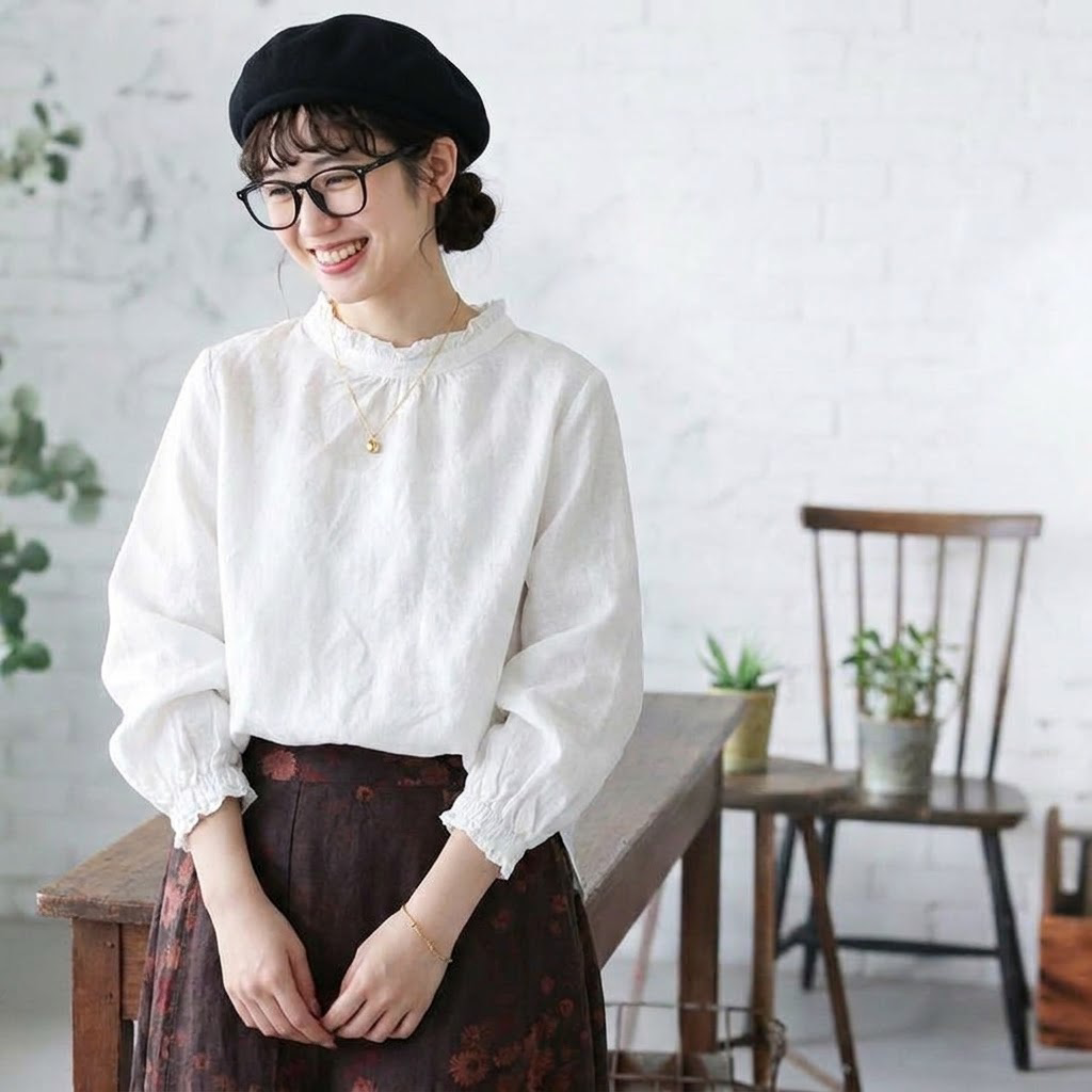 S-2XL No.1 人気商品 美人度アップ 長袖  無地 レトロ シャツ 2XL ホワイト