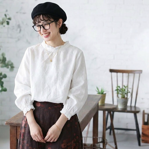 S-2XL No.1 人気商品 美人度アップ 長袖  無地 レトロ シャツ 2XL ホワイト
