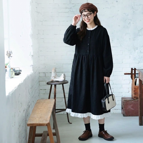 S-XL 無地 切り替え 長袖 シンプル 可愛くて繊細な長袖ワンピース XL ブラック