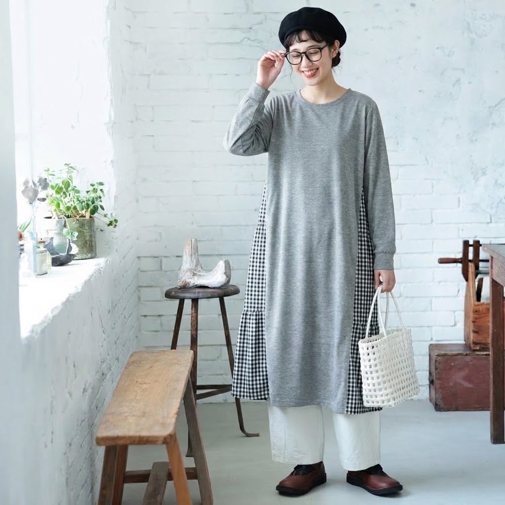 【コットン】F テクスチャ 上品見え 柔らかい ナチュラル 切り替え 長袖 ワンピース フリー グレー