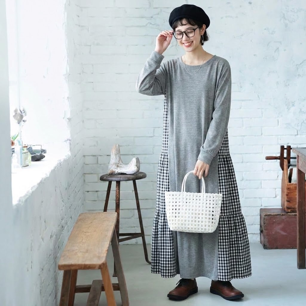 【コットン】F テクスチャ 上品見え 柔らかい ナチュラル 切り替え 長袖 ワンピース フリー グレー