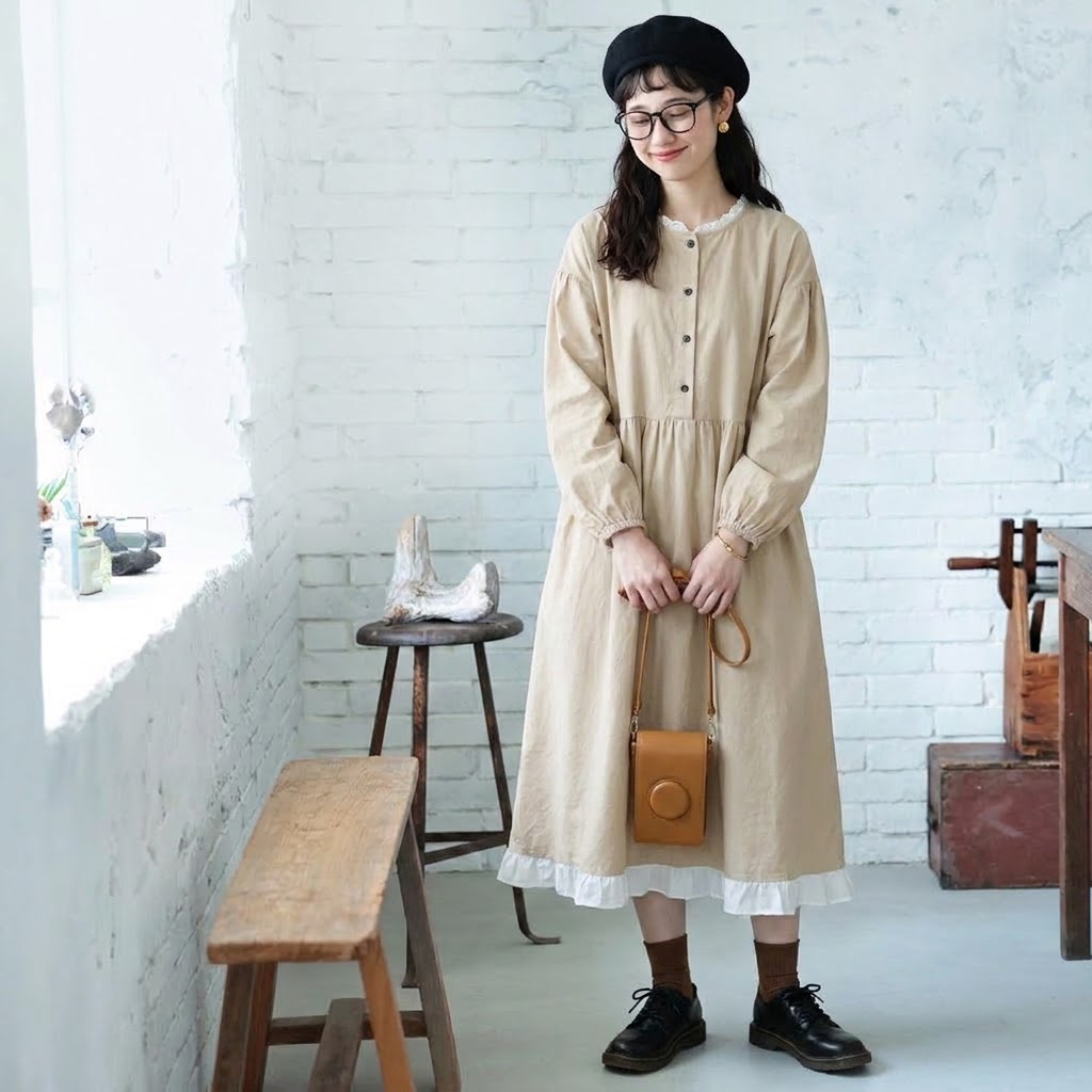 S-XL 無地 切り替え 長袖 シンプル 可愛くて繊細な長袖ワンピース S アイボリー