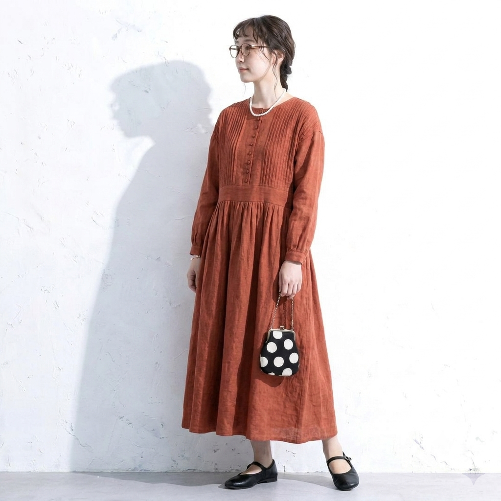 フリー デザイン ランタンスリーブ ロングワンピース フリー レッド