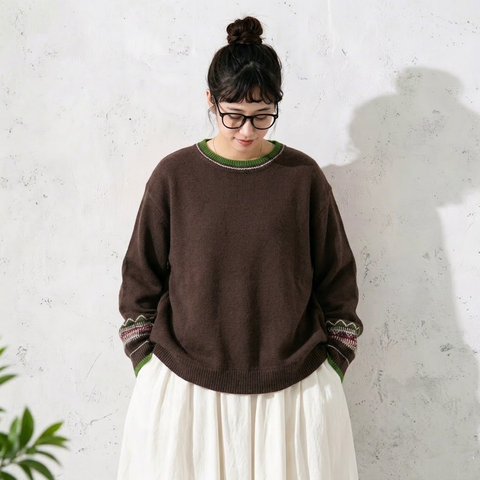 S-5XL 配色 ラウンドネック 長袖 シンプル ニットセーター 5XL ダークブラウン