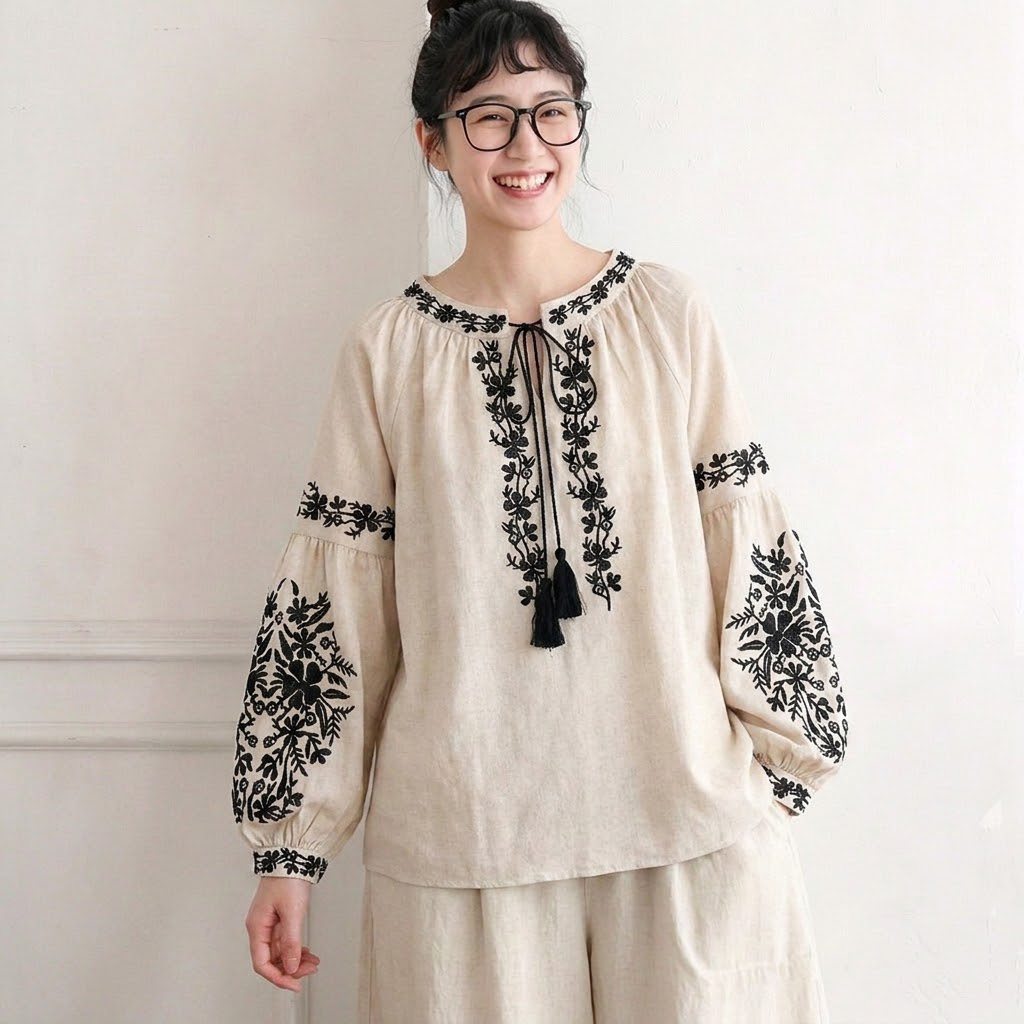 フリーサイズ レトロ 刺繍 ゆったり きれいめ リボン付き ふんわり袖 秋向け シャツ フリー ブラック