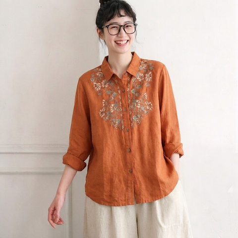 M-3XL レトロ 刺繍 ゆったり 大人向け 秋色 ロングスリーブ シャツ 3XL オレンジ